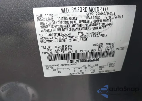 2011 Lincoln Mks Ecoboost from USA, damaged, VIN 1LNHL9FT8BG606040